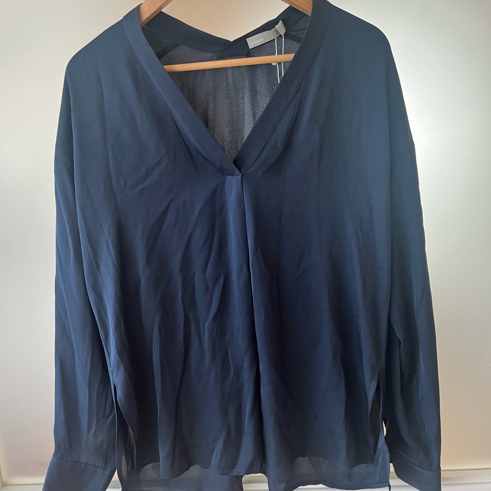 Elegant Vince Navy Blue Silk Quiet Luxury Tunic Top. Never worn, New with tags.